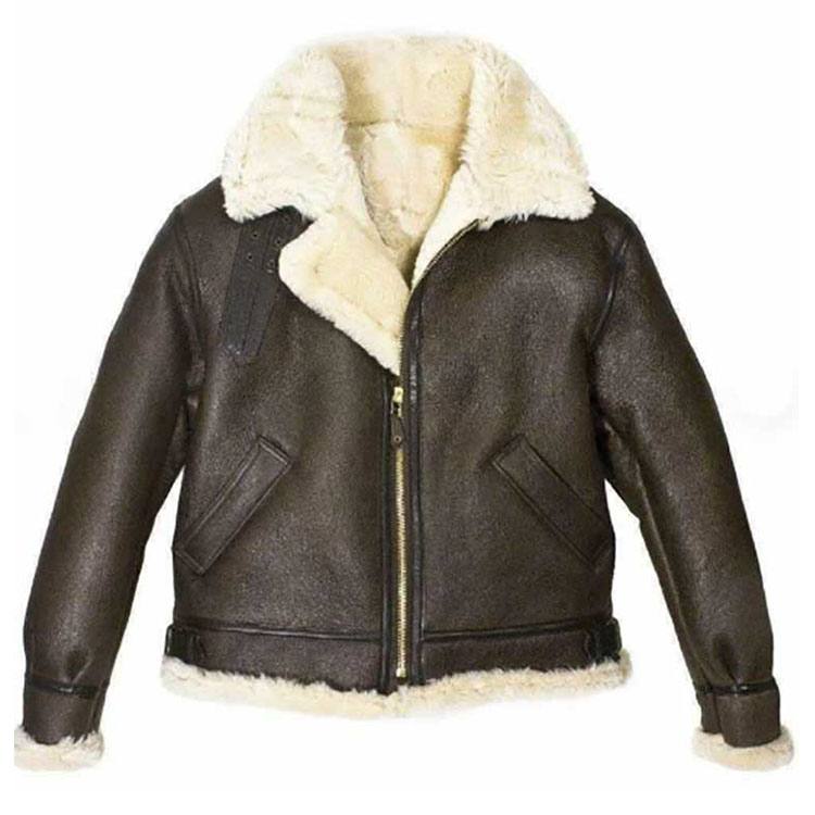 women’s brown sheepskin leather aviator jacket front view