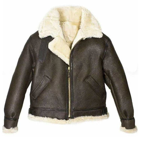 women’s brown sheepskin leather aviator jacket front view