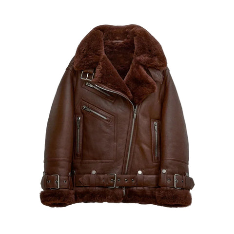 Women Brown Aviator Styled Sheepskin Shearling Leather Jacket