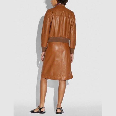 women’s brown lambskin leather biker jacket side angle