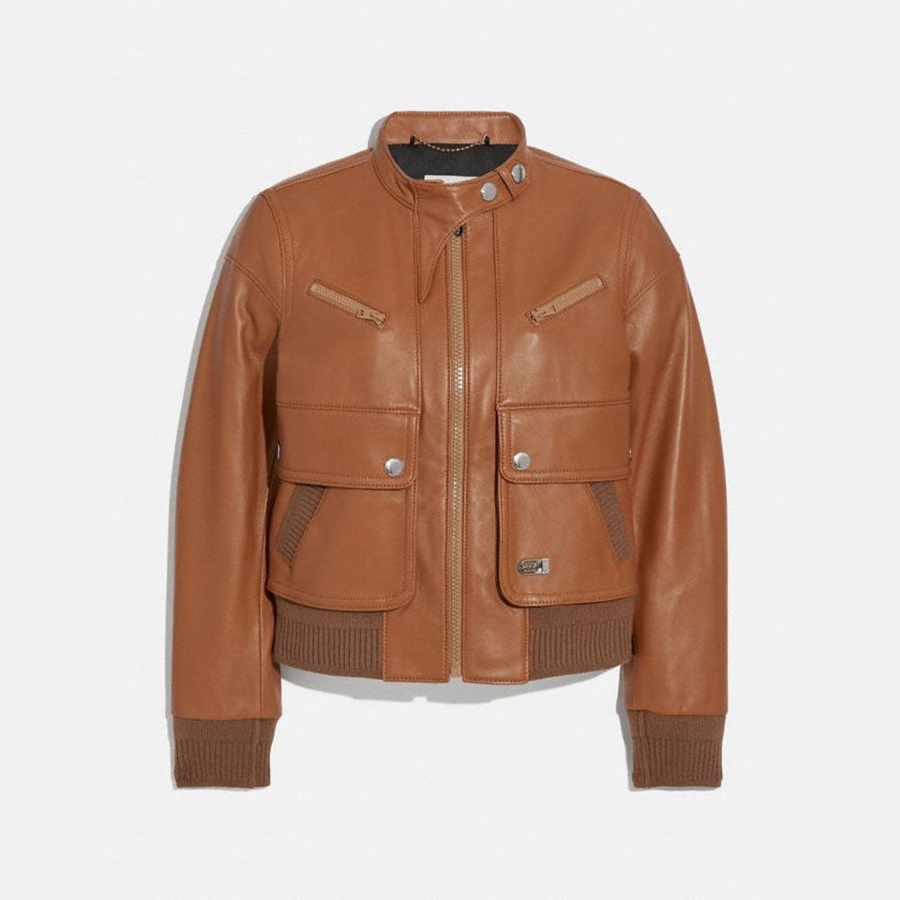 women’s brown lambskin leather biker jacket front view