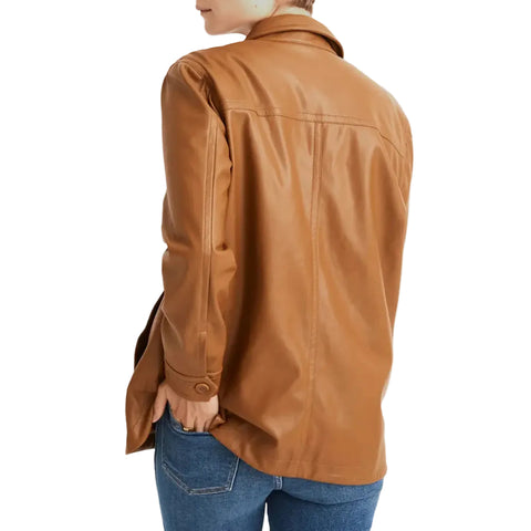 Women Brown Leather Shirt Jacket