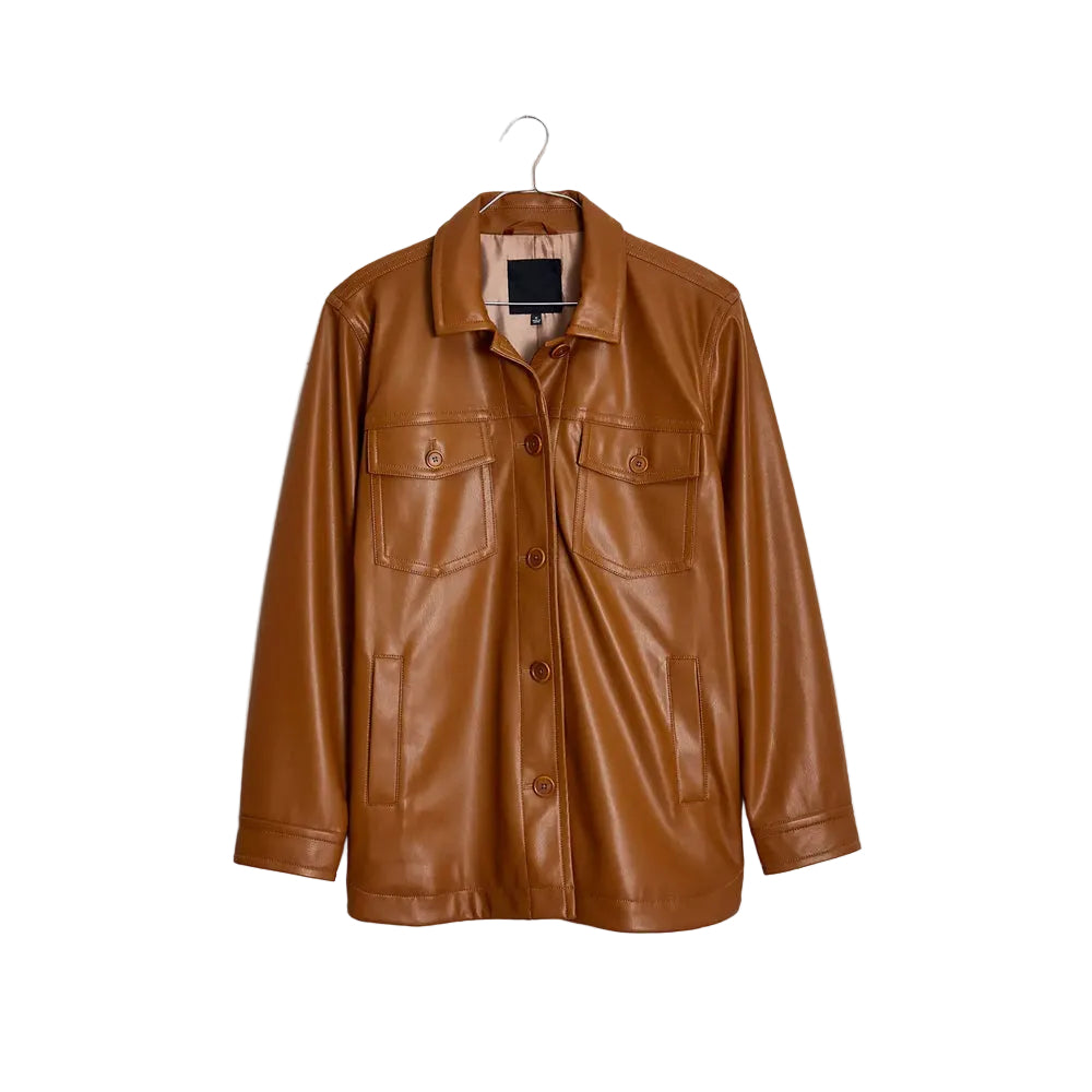 Women Brown Leather Shirt Jacket