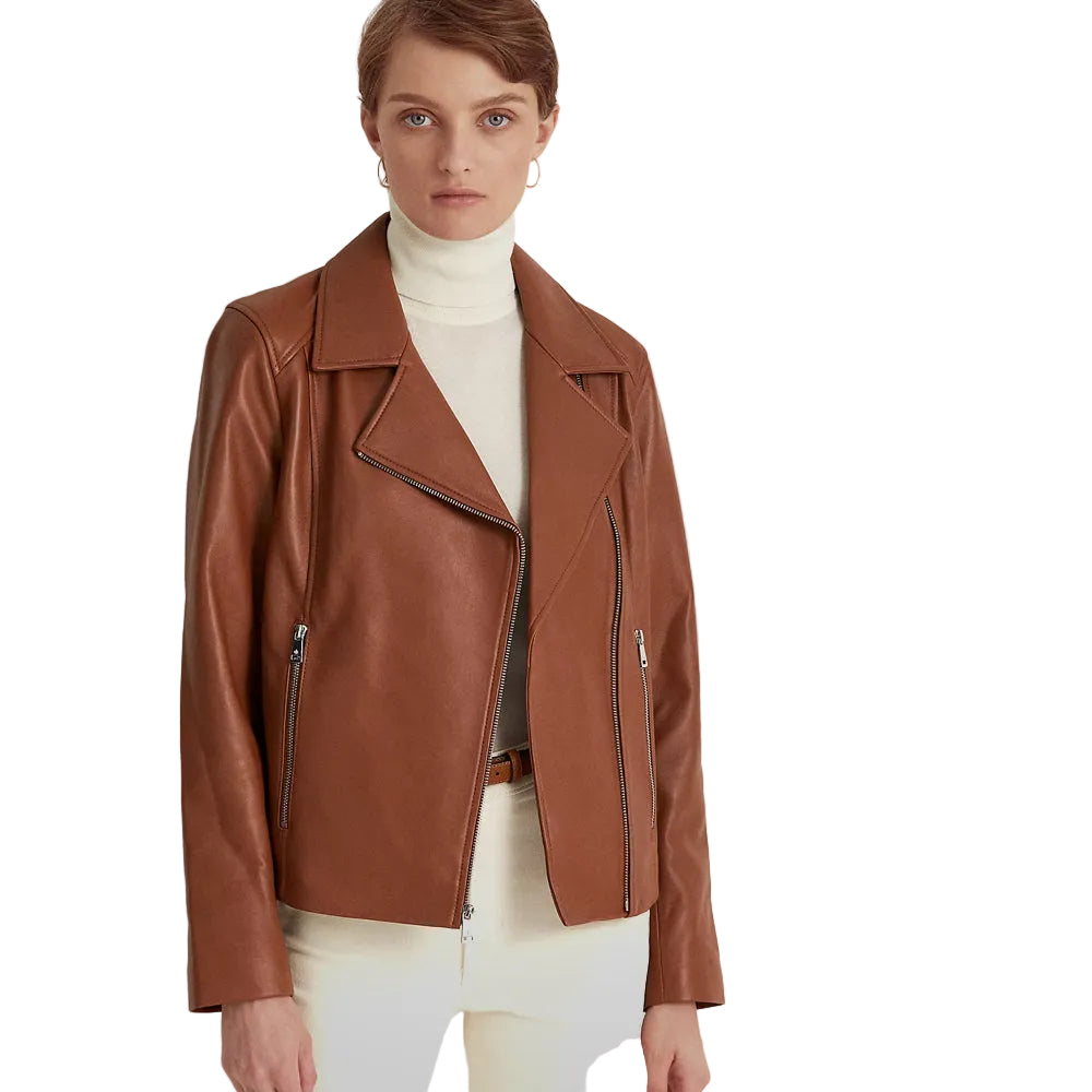 Women Brown Moto Lambskin Motorcycle Jacket