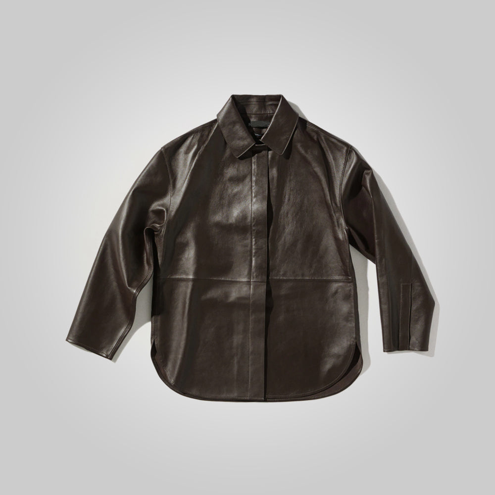 women's brown leather shirt liora front view
