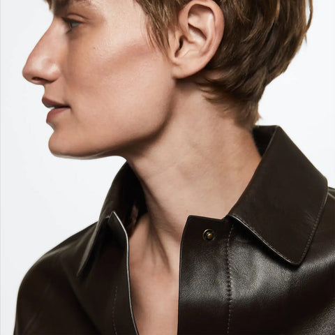 women's brown leather shirt liora back view