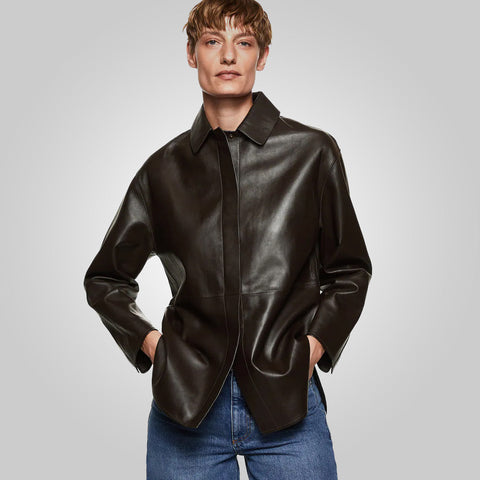 women's brown leather shirt liora detail close up