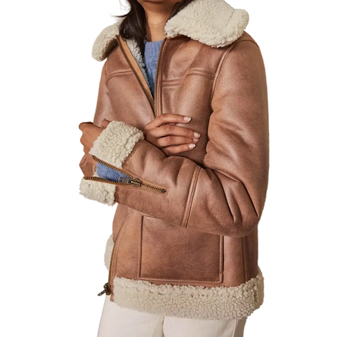 Women Brown Sheepskin Shearling Leather Aviator Jacket