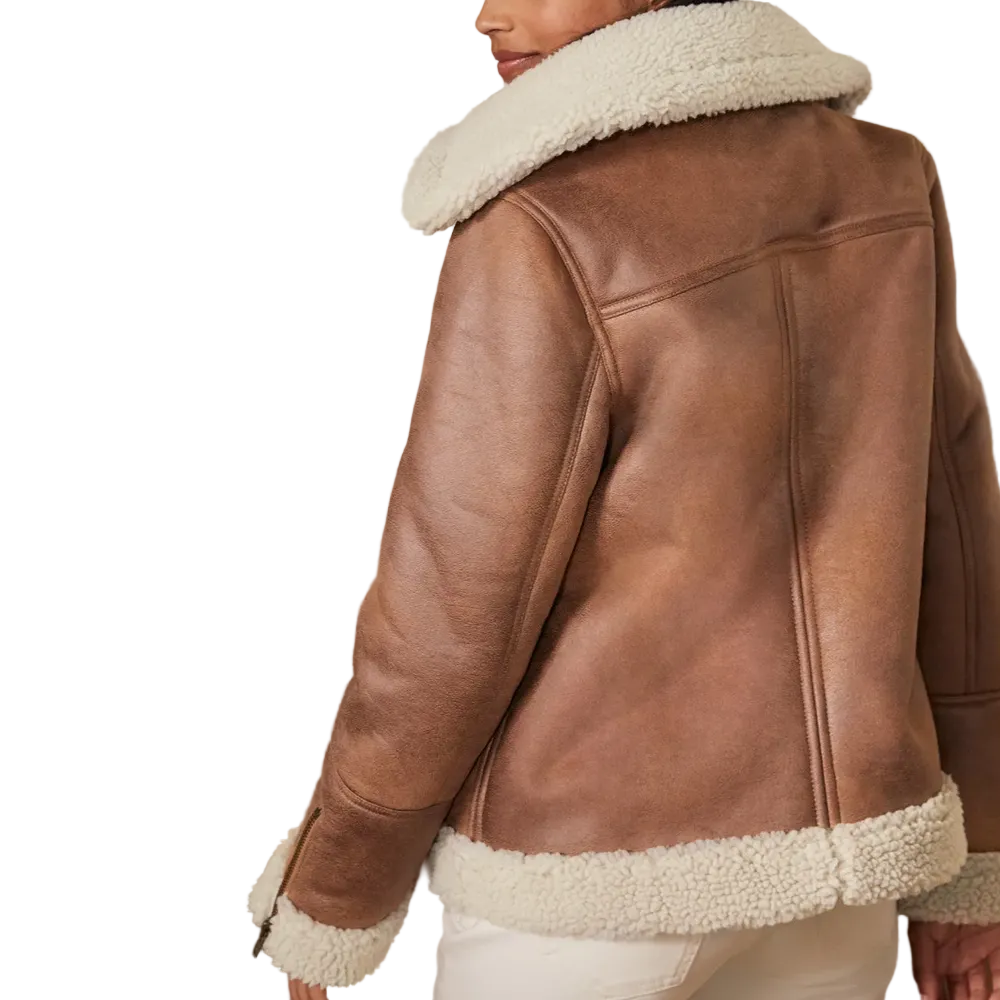 Women Brown Sheepskin Shearling Leather Aviator Jacket