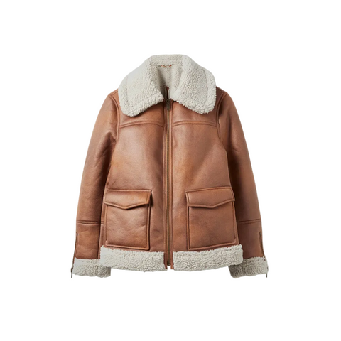 Women Brown Sheepskin Shearling Leather Aviator Jacket
