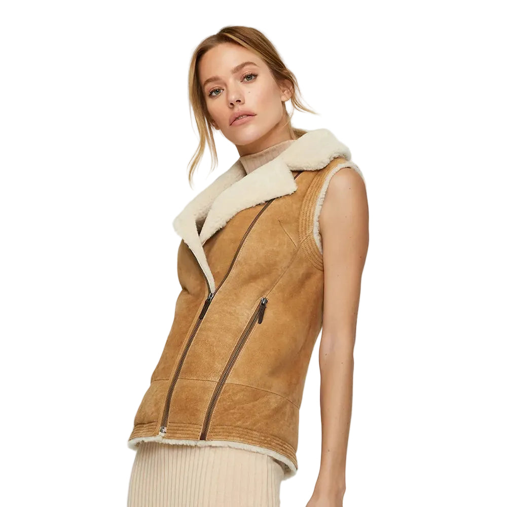 Women Brown Sheepskin Shearling Leather Vest