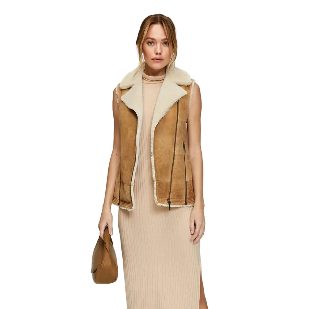 Women Brown Sheepskin Shearling Leather Vest