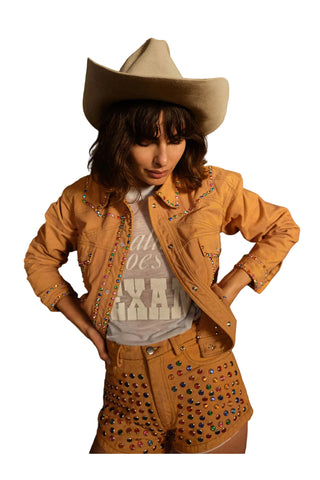 Women Brown Spiked Studded Style Silver Retro Motorcycle Leather Jacket
