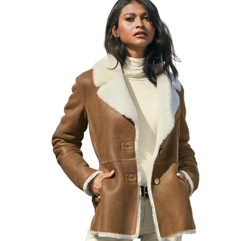 Women Camel Brown B3 Shearling Pilot Leather Aviator Jacket