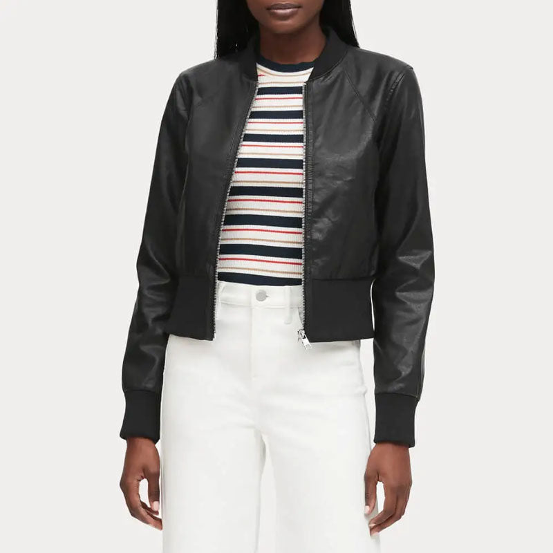 women’s black cowhide leather bomber jacket front view