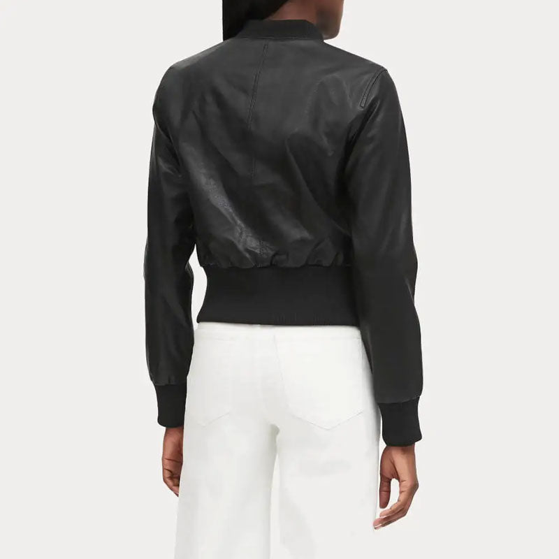 women’s black cowhide leather bomber jacket side angle
