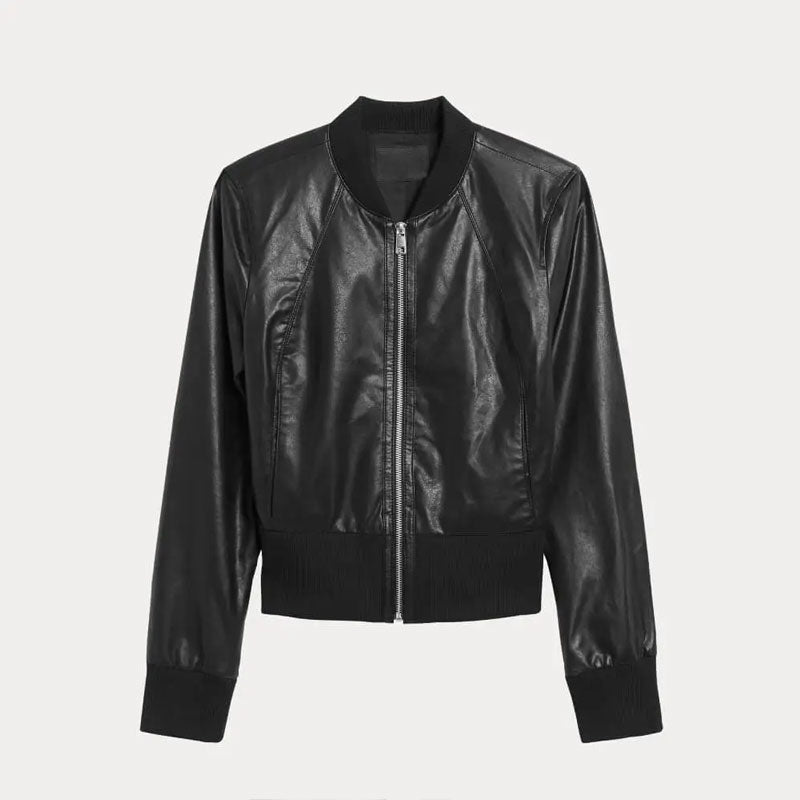 women’s black cowhide leather bomber jacket back view