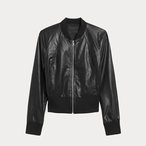 women’s black cowhide leather bomber jacket back view