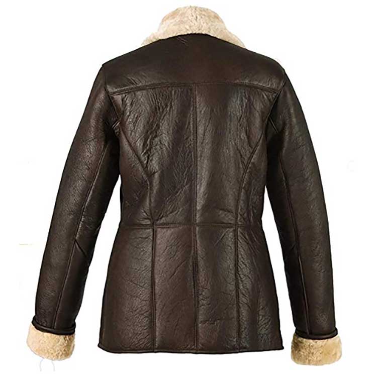 women’s dark brown sheepskin leather aviator jacket back view