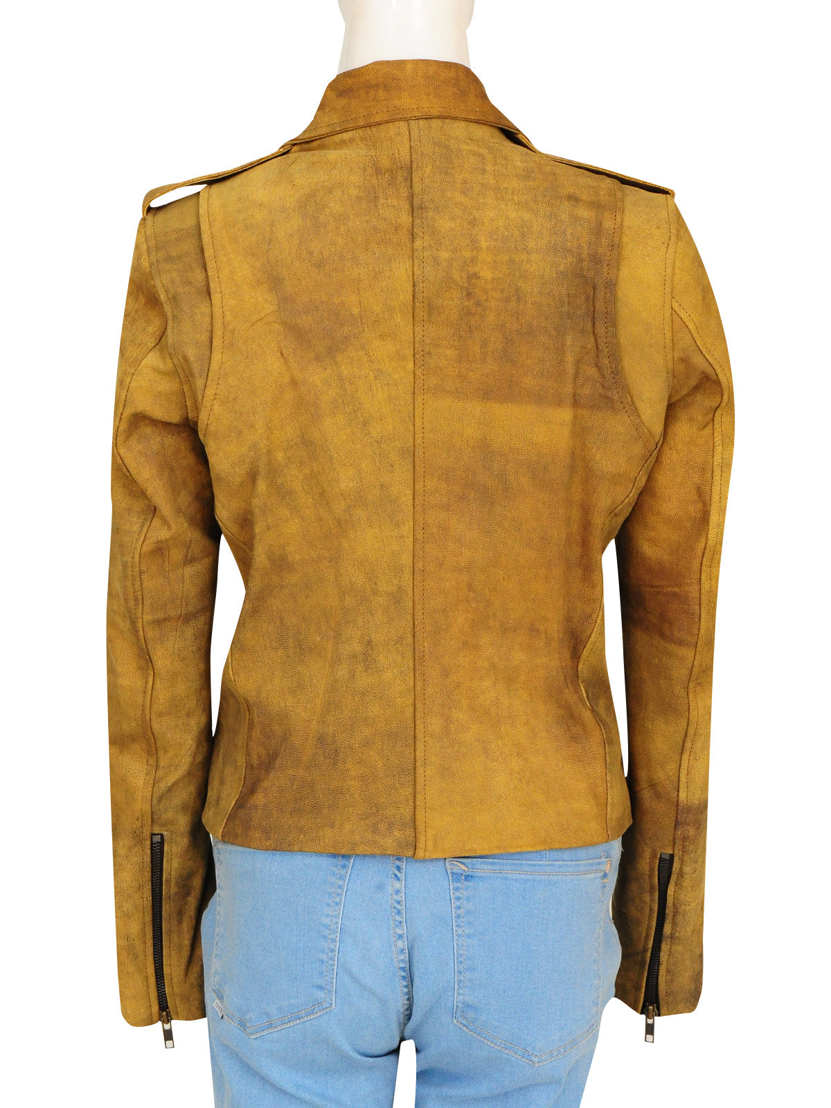 women's brown distressed leather biker jacket vesper side angle