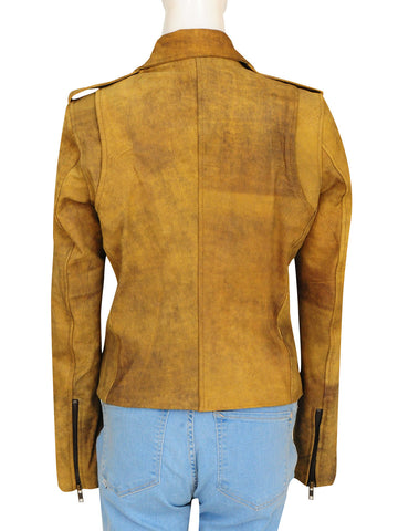 women's brown distressed leather biker jacket vesper side angle