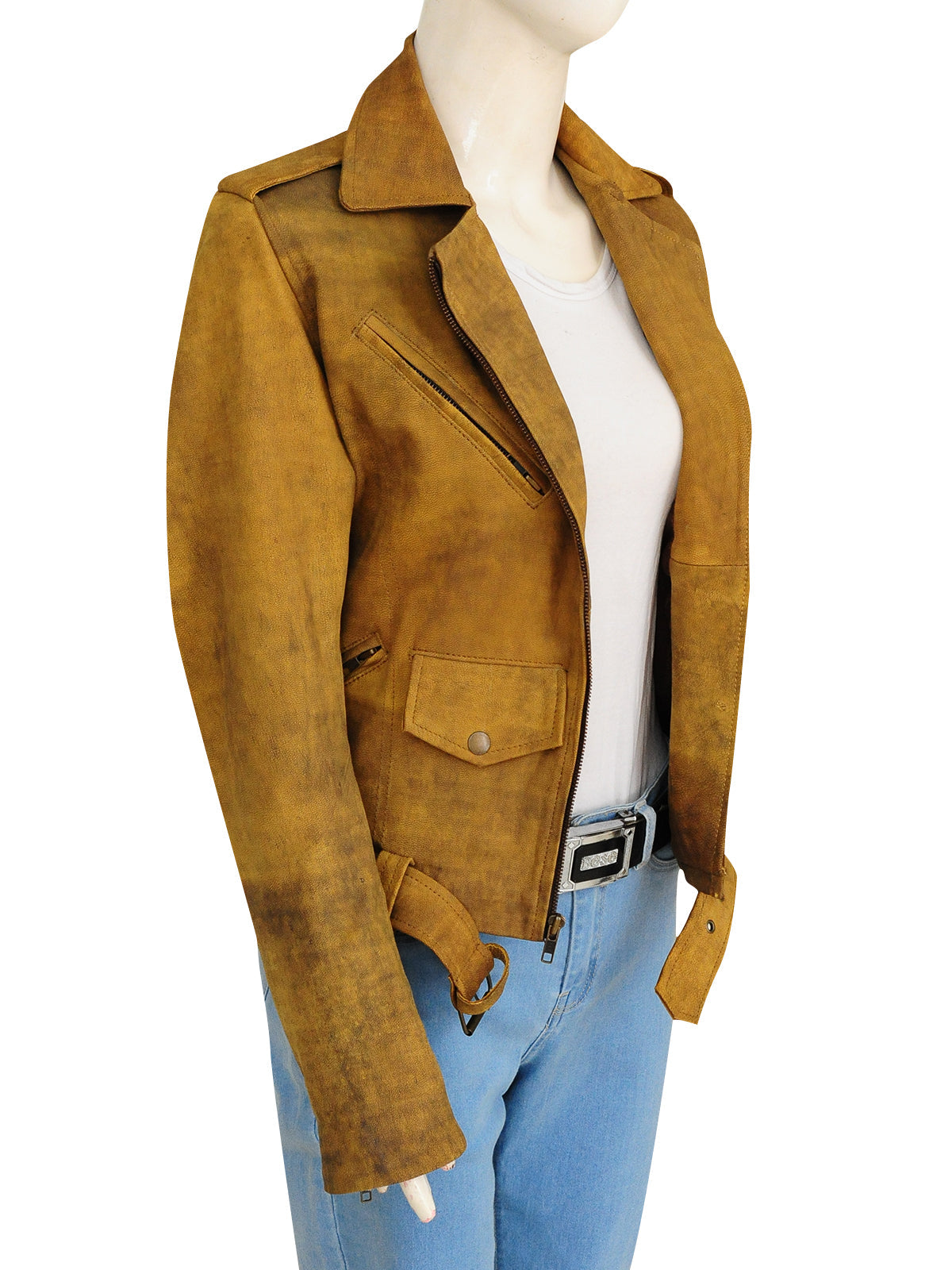 women's brown distressed leather biker jacket vesper back view