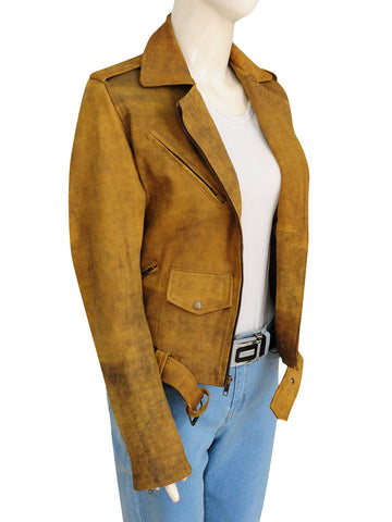 women's brown distressed leather biker jacket vesper back view