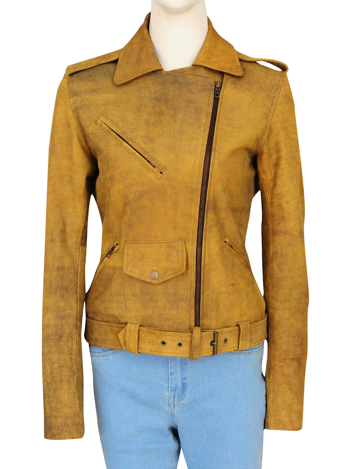 women's brown distressed leather biker jacket vesper detail close up