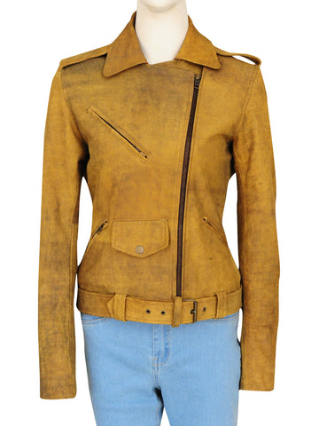 women's brown distressed leather biker jacket vesper detail close up