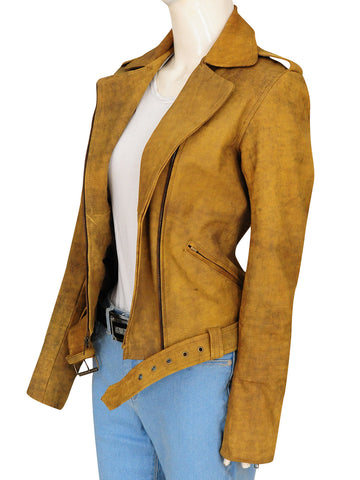 women's brown distressed leather biker jacket vesper texture detail