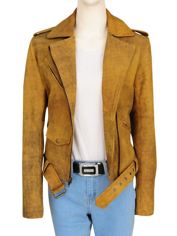 women's brown distressed leather biker jacket vesper front view