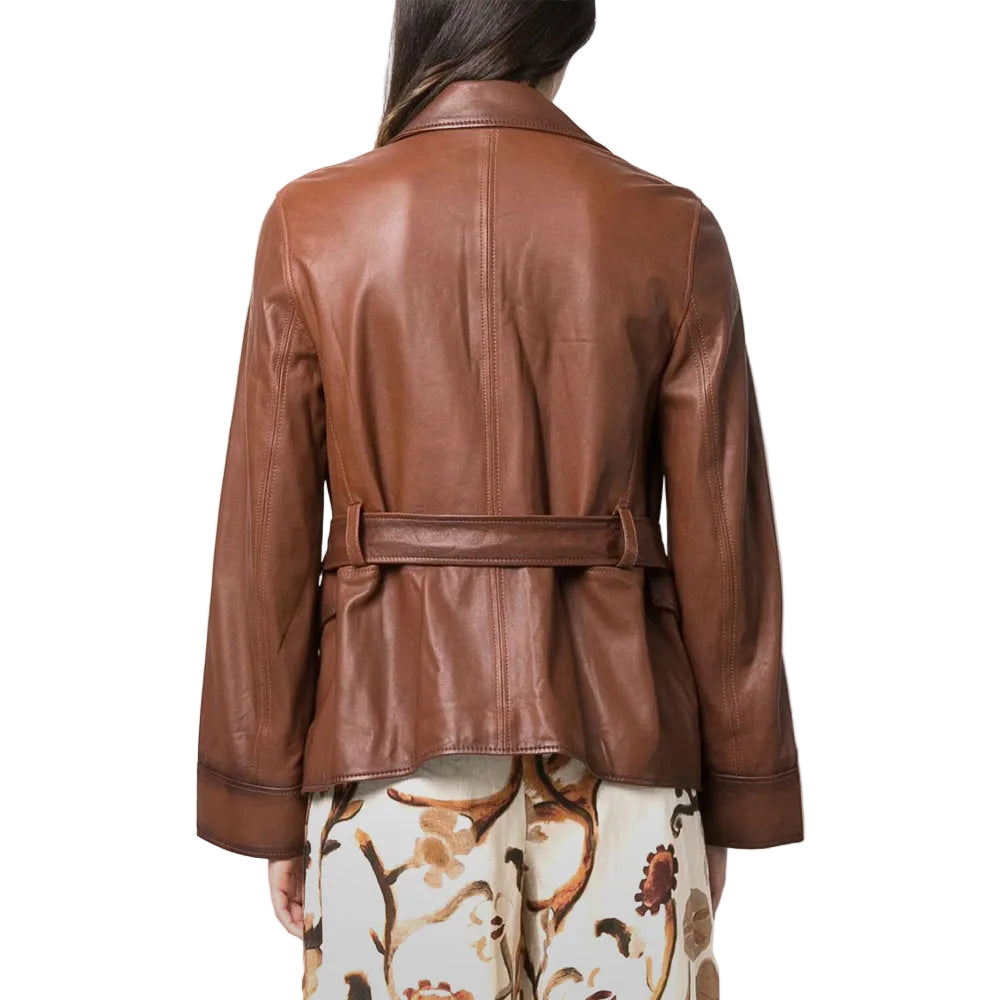 Women Goatskin Belted Brown Leather Jacket