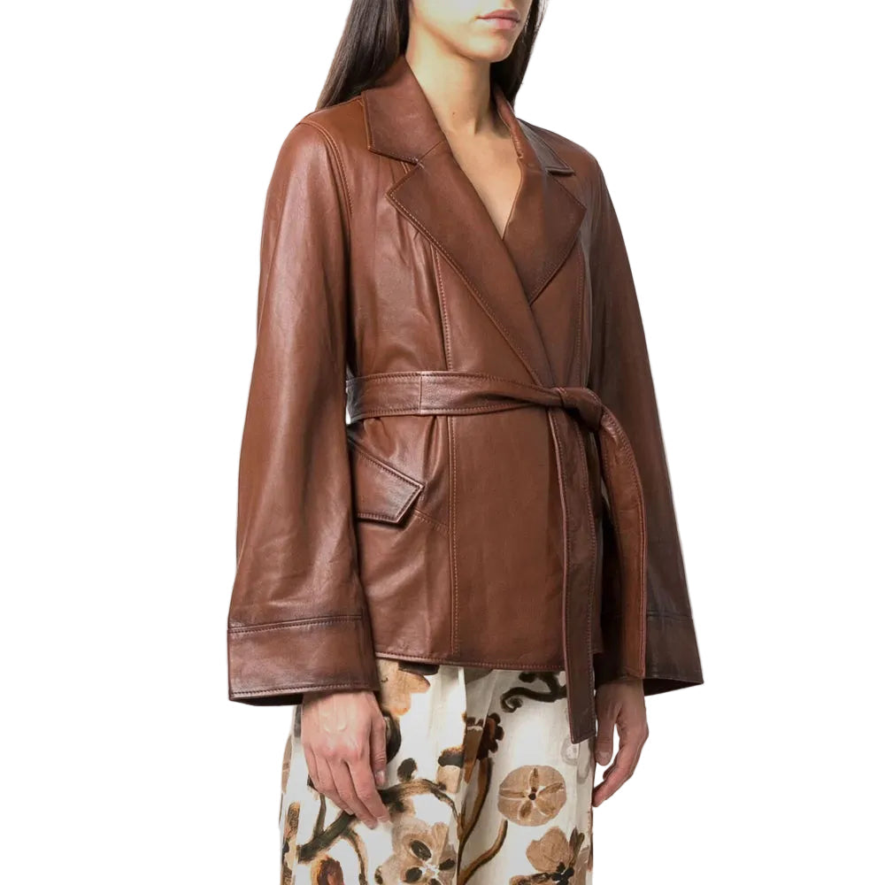 Women Goatskin Belted Brown Leather Jacket