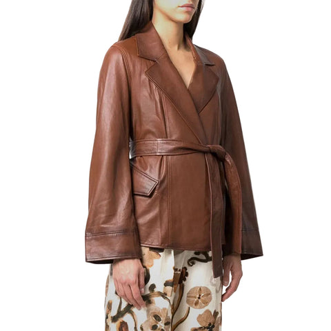 Women Goatskin Belted Brown Leather Jacket