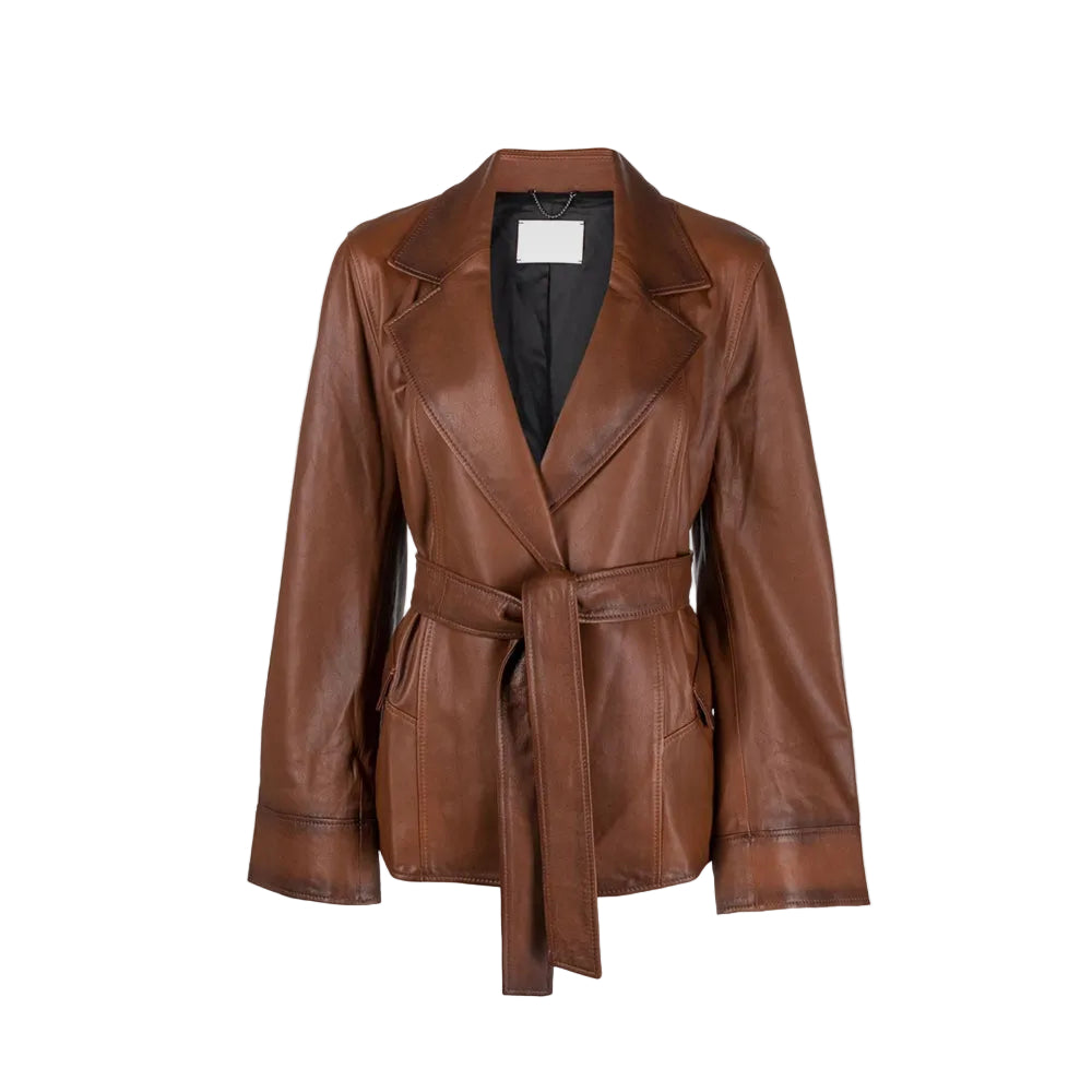 Women Goatskin Belted Brown Leather Jacket