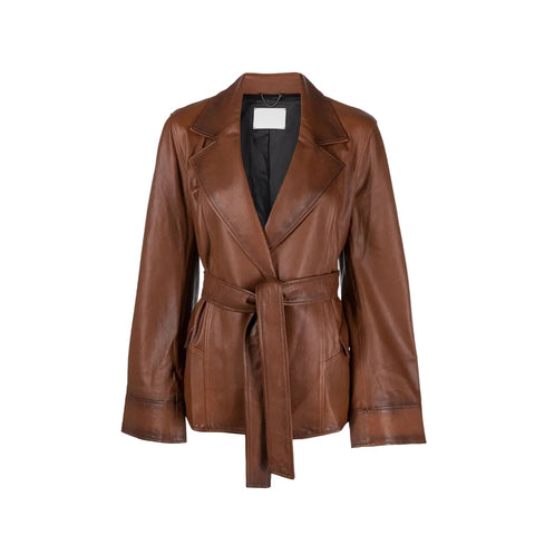 Women Goatskin Belted Brown Leather Jacket
