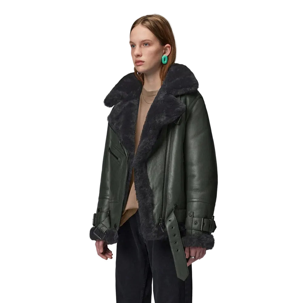 Women Green RAF Aviator Styled Lambskin Black Shearling Leather Jacket