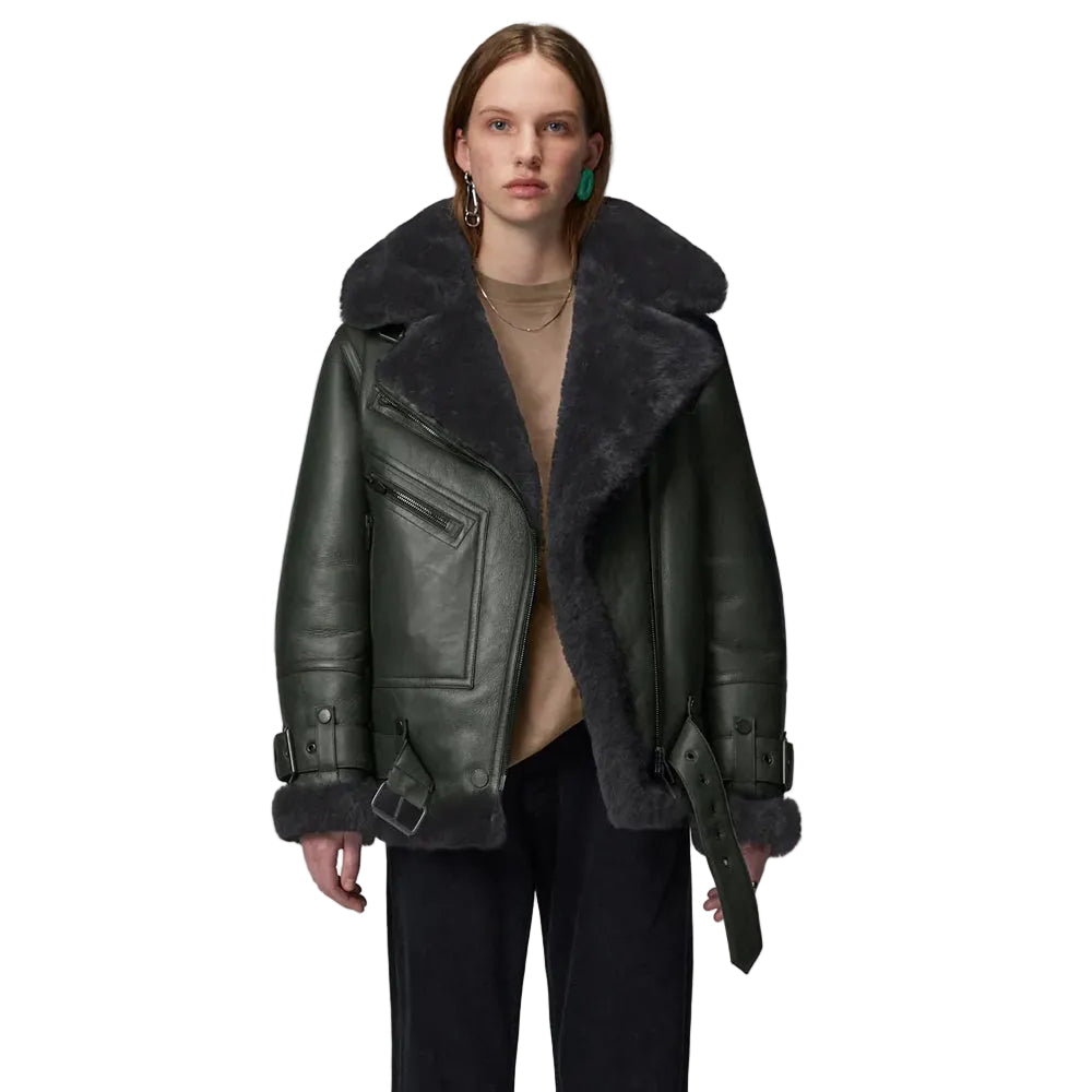 Women Green RAF Aviator Styled Lambskin Black Shearling Leather Jacket