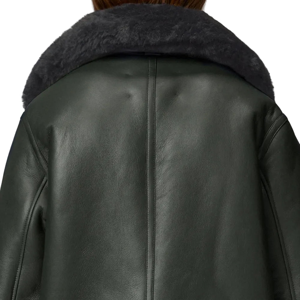 Women Green RAF Aviator Styled Lambskin Black Shearling Leather Jacket