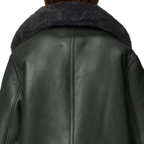 Women Green RAF Aviator Styled Lambskin Black Shearling Leather Jacket