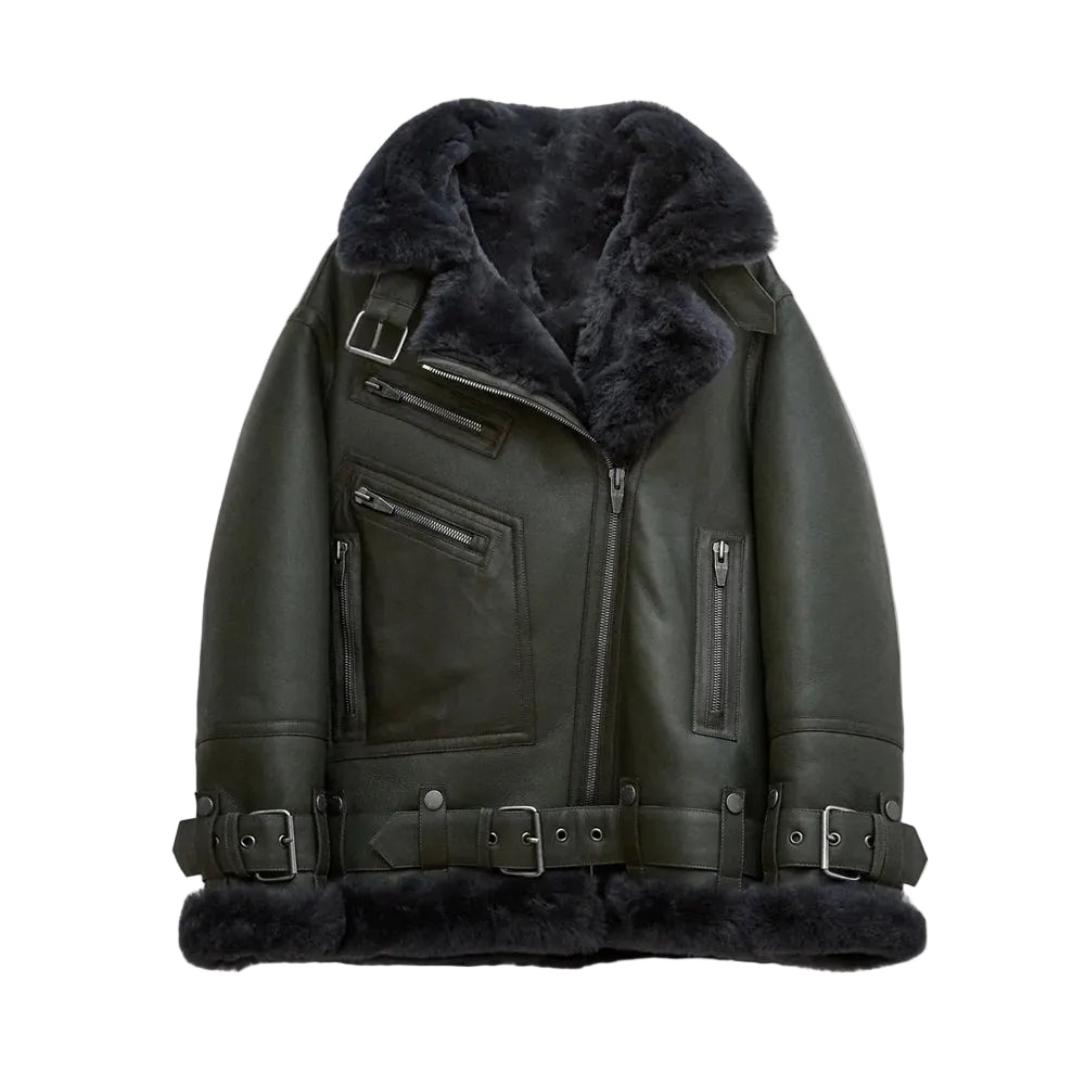 Women Green RAF Aviator Styled Lambskin Black Shearling Leather Jacket
