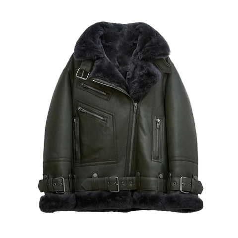 Women Green RAF Aviator Styled Lambskin Black Shearling Leather Jacket