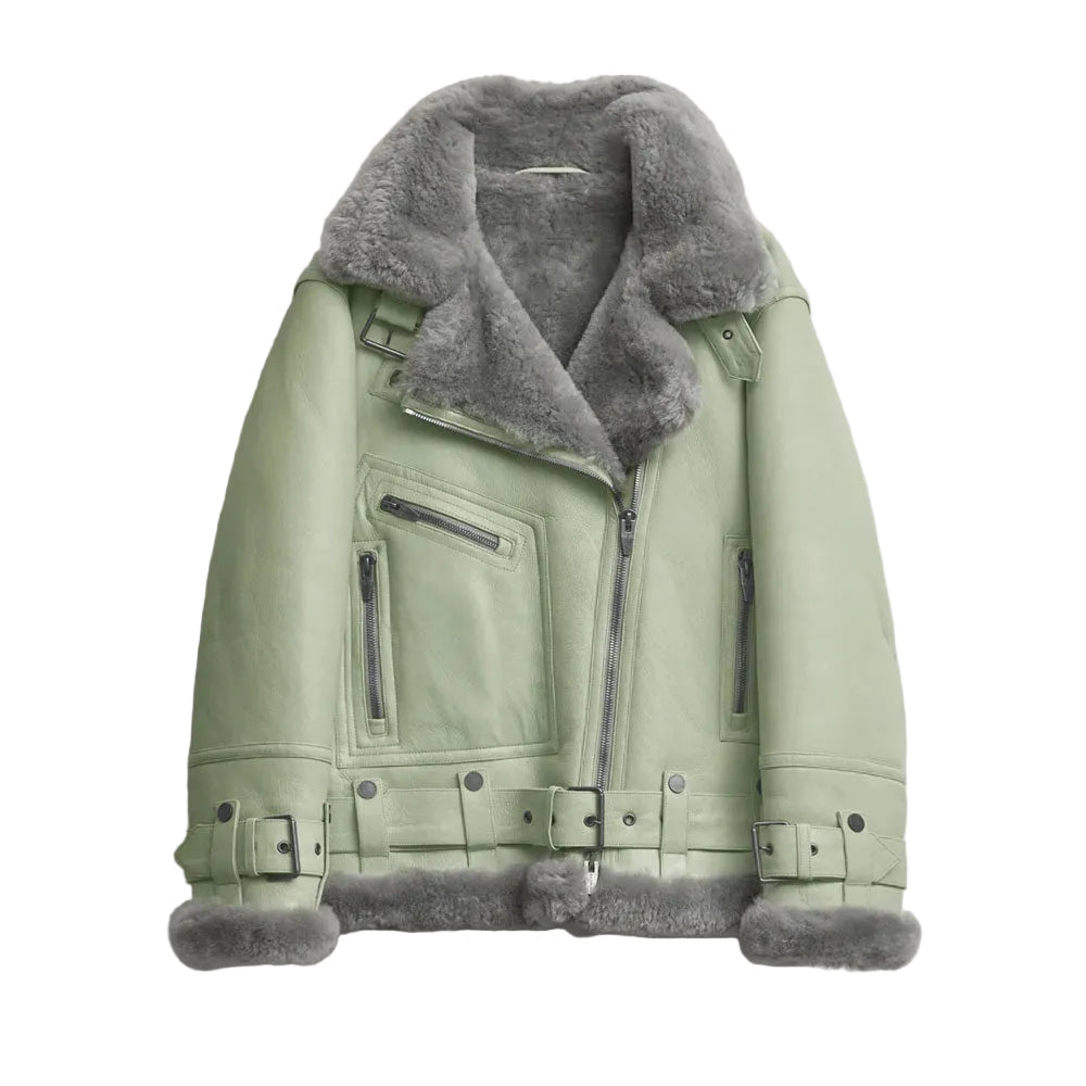 Women Green RAF Aviator  Styled Sheepskin Shearling Leather Jacket