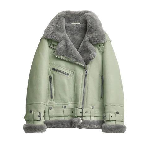 Women Green RAF Aviator  Styled Sheepskin Shearling Leather Jacket
