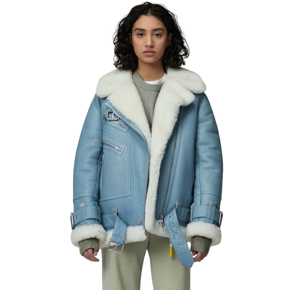 Women Light Blue B3 RAF Aviator Styled Sheepskin Shearling Leather Jacket