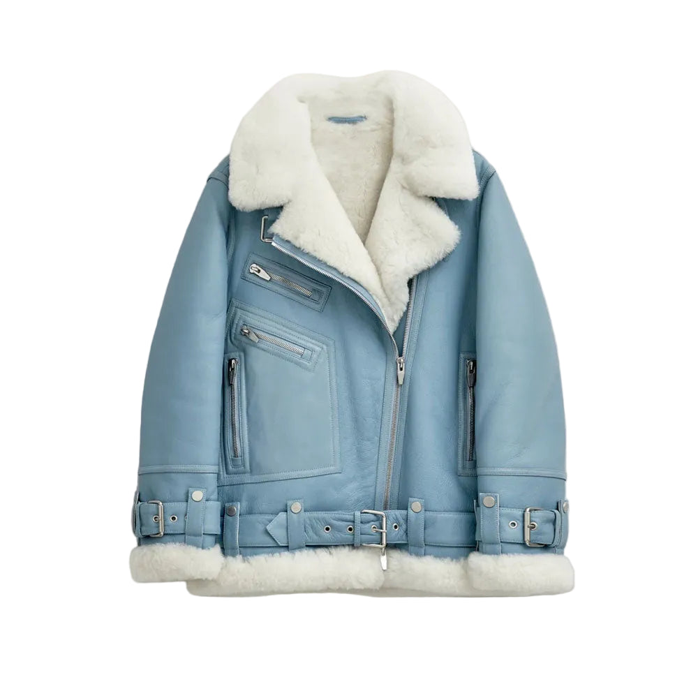Women Light Blue B3 RAF Aviator Styled Sheepskin Shearling Leather Jacket