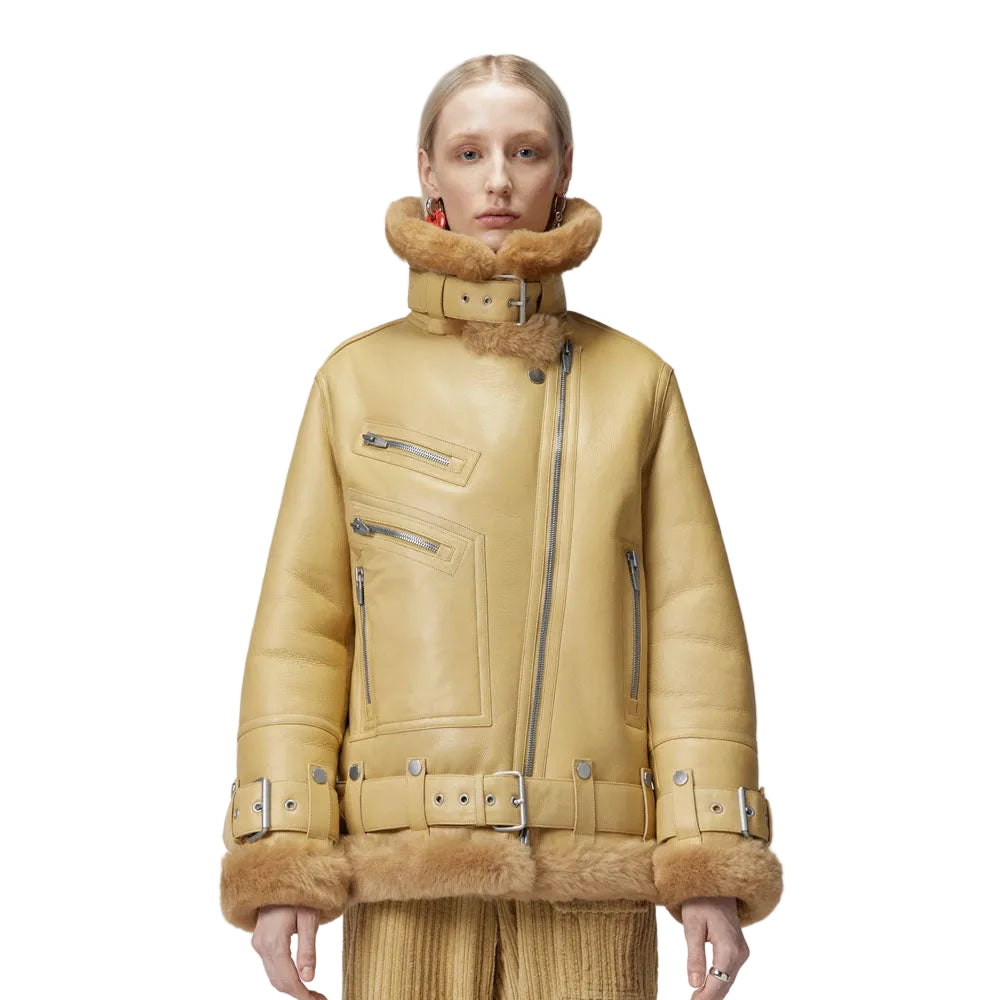 Women Light Brown RAF Aviator  Styled Sheepskin Shearling Leather Jacket