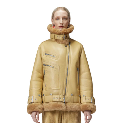 Women Light Brown RAF Aviator  Styled Sheepskin Shearling Leather Jacket