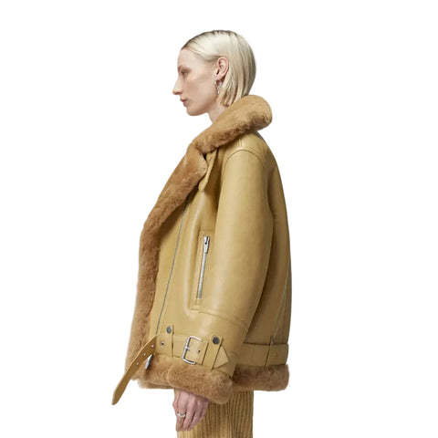 Women Light Brown RAF Aviator  Styled Sheepskin Shearling Leather Jacket