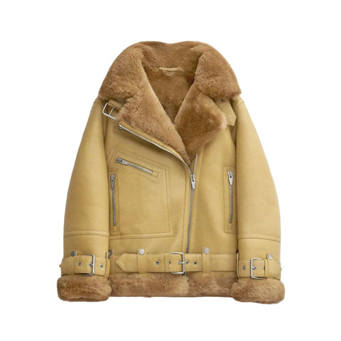 Women Light Brown RAF Aviator  Styled Sheepskin Shearling Leather Jacket